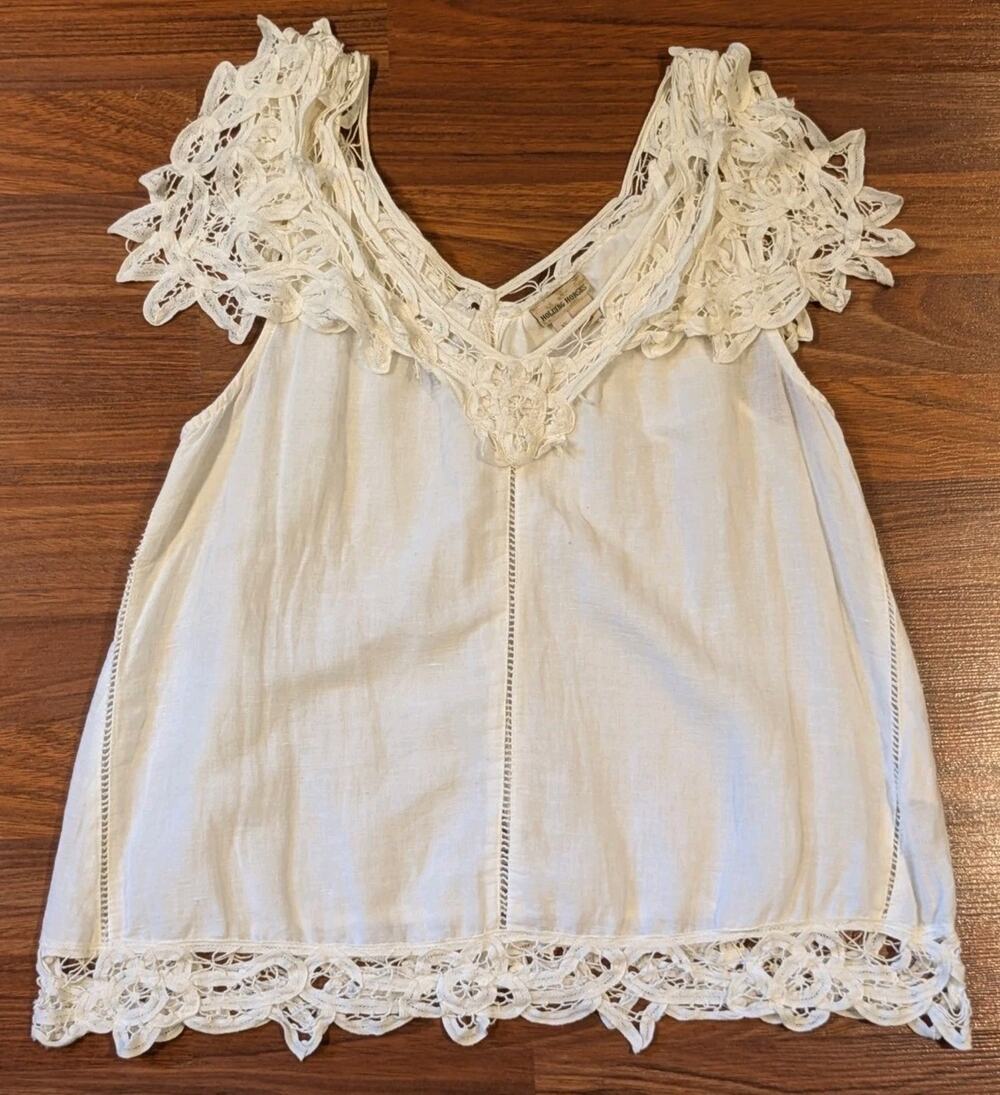Holding Horses Anthropologie XS Linen Cotton Blouse Ivory Lace Crochet Boho